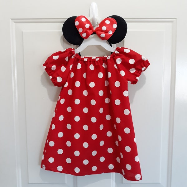 RED MINNIE MOUSE inspired dress headband with ears and bow 12 mo. thru size 6 years