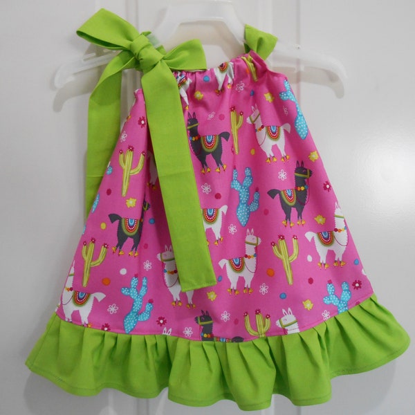 Girls llama cactus pillowcase dress hot pink turquoise lime green  infant thru 8 years