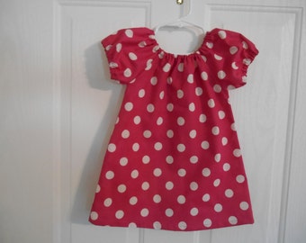 Peasant dress girls hot pink  white dots flutter sleeves or elastic sleeves choice of sleeve color available infant thru 8 years