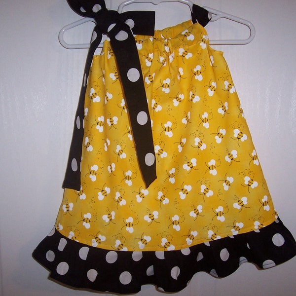 Girls bumble bee pillowcase dress black dots or solid black,  tie and ruffle choose infant thru 7/8 years