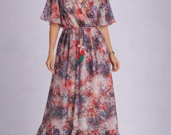 Abito lungo a portafoglio oversize con stampa floreale