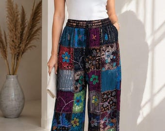 Pantaloni a gamba larga in stile boho patchwork – Pantaloni palazzo da donna in cotone con stampa etnica vintage