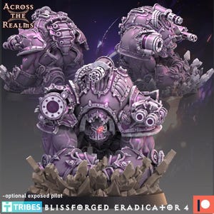 May include: A purple and silver detailed miniature robot with a large cannon on its back. The robot is standing on a rocky base. The text "BLISSFORGED ERADICATOR 4" is visible on the base.