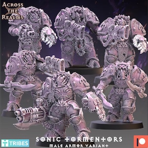May include: Five detailed miniature figures of space warriors in purple armor, holding weapons. The figures are posed in various action stances. The image is titled "Sonic Tormentors Male Armor Variant".