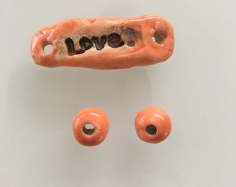 Ceramic heart love bead Handmade clay heart bead with 2 round beads organic earthy artisan jewelry supplies potterygirl