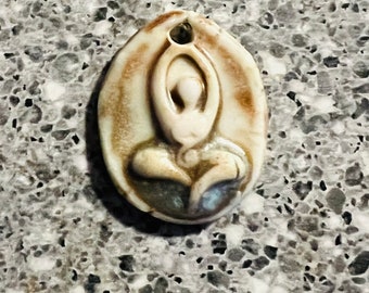 Ceramic yoga pendant handmade yoga pendant clay face art bead organic earthy artisan jewelry components supplies potterygirl1