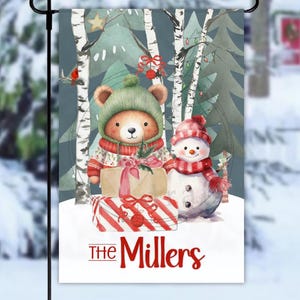 Wintervakantie tuinvlagontwerp • Vrolijke wensen • Sneeuwpop • Kerstmis • Kamer om te personaliseren • Digitale download sublimatiebestand, png