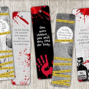 May include: Set of five themed bookmarks with crime scene and forensic elements. Each bookmark features text like "more red flags than my ex" and "research poisons," with blood splatter and fingerprint designs.