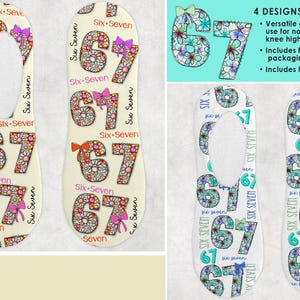 Op de afbeelding: Onzichtbare sokken met een bloemmotief "67", versierd met strikken en de tekst "Six Seven". De sokken zijn verkrijgbaar in vier ontwerpen, met een crèmekleurige achtergrond en kleurrijke bloempatronen. De afbeelding bevat ook tekst over de ontwerpen.
