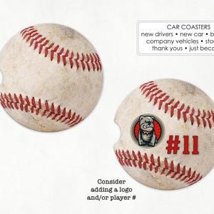 May include: Two white baseball-themed car coasters with red stitching. One coaster features a red bulldog graphic and the number 11. The text "CAR COASTERS" is written in black above the coasters. The text "new drivers new car birthdays company vehicles stockings thank yous just because" is written in black below the coasters. The text "Consider adding a logo and/or player #" is written in black below the coasters.