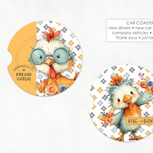 May include: Two ceramic car coasters with chicken illustrations. One coaster features a chicken wearing glasses with the text "Happiness is Backyard Chickens." The other coaster has a chicken with the text "Rise and Shine."