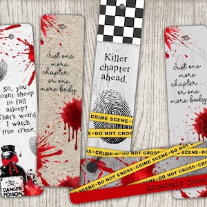 May include: A collection of crime-themed bookmarks with text and graphics. The bookmarks feature blood splatters, fingerprints, and phrases like "Killer chapter ahead." One bookmark has a danger poison bottle graphic.