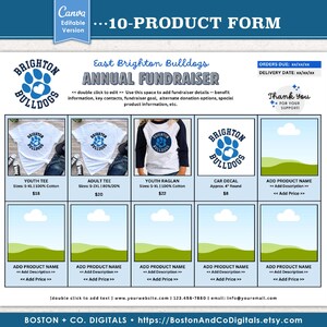 May include: A printable 10-product form for the East Brighton Bulldogs annual fundraiser. The form includes spaces for product images, descriptions, and pricing. It also features the school's logo and the text "10-PRODUCT FORM".