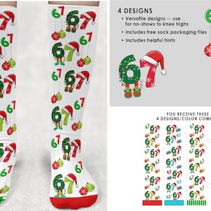 Peut inclure: Chaussettes hautes blanches avec un motif répété des chiffres 6 et 7, des décorations de Noël et des bonnets de Père Noël. Les chaussettes ont des accents verts et rouges. L'image montre également quatre options de design.