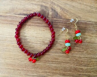 Red Cherry Glass Bead Handmade Jewelry Set - 1 Stretch Bracelet and Earring Pair