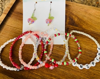 Handmade Teacher Apple Earrings with Matching Set of 6 Stretch Bracelets - Teacher Appreciation