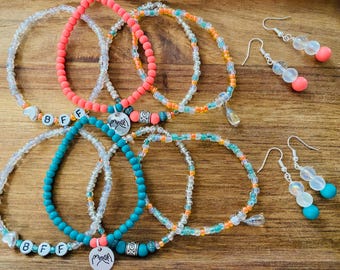 Teal and Orange Matching Pinky Promise BFF Friendship Jewelry Set - 8 stretchy bracelets & 2 earring pairs