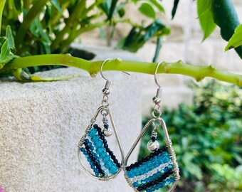 Silver Blue Nlack Beaded Striped Dangle Earrings - Handmade Dangle Set