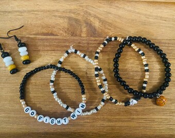 Basketball “Go Fight Win” Handmade Jewelry Set - 4 Stretchy Bracelets & Beaded Earring Set