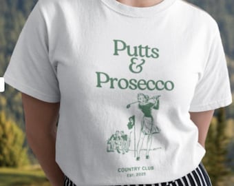 Putts & Prosecco ゴルフ T シャツ | レディース プレッピー ゴルフ T シャツ | シックなカントリー クラブ シャツ | ゴルフ愛好家へのギフト | カジュアルなブランチとゴルフの装い