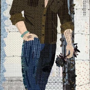 May include: A textile art piece featuring a figure wearing a dark cowboy hat, a brown button-down shirt, and blue jeans. The figure leans against a dark post, holding a dark flower. The background incorporates collage elements, text, and patterns.