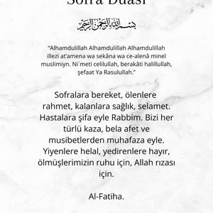 May include: A white and gray marble-textured print featuring the text "Sofra Duası" in black, along with Arabic script and a prayer in Turkish. The design is simple and elegant.
