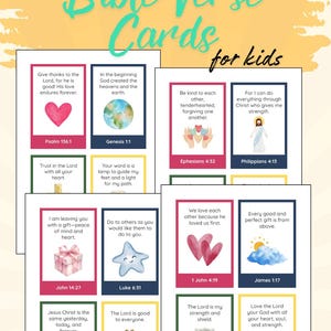 May include: A set of colourful Bible Verse Cards for children, displaying various verses with illustrations. The cards feature diverse designs, including hearts, clouds, and a cross, with text such as "Give thanks to the Lord" and "Love the Lord."