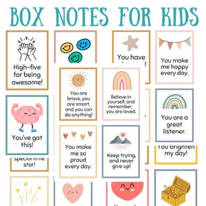 Puede incluir: Un conjunto de 60 notas imprimibles para loncheras infantiles. Cada nota presenta ilustraciones coloridas y mensajes positivos, como "¡Tú puedes!" y "¡Eres un tesoro!" para alegrar el día de un niño.