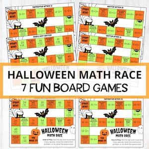 May include: A set of seven Halloween-themed math board games featuring orange and green squares with addition and subtraction problems. The game boards include illustrations of black bats, spiders, and pumpkins, with text reading Halloween Math Race.
