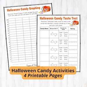 May include: Two printable activity sheets titled Halloween Candy Graphing and Halloween Candy Taste Test. The sheets feature tables for recording candy data, including columns for candy names, thumbs up or down icons, descriptive words, and star ratings.
