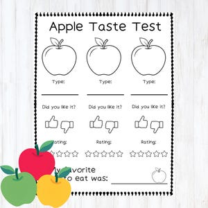 May include: A black and white Apple Taste Test worksheet featuring three apple outlines, spaces for apple types, thumbs up or down icons, and star rating rows. The bottom includes the text My favourite to eat was and a small apple icon.
