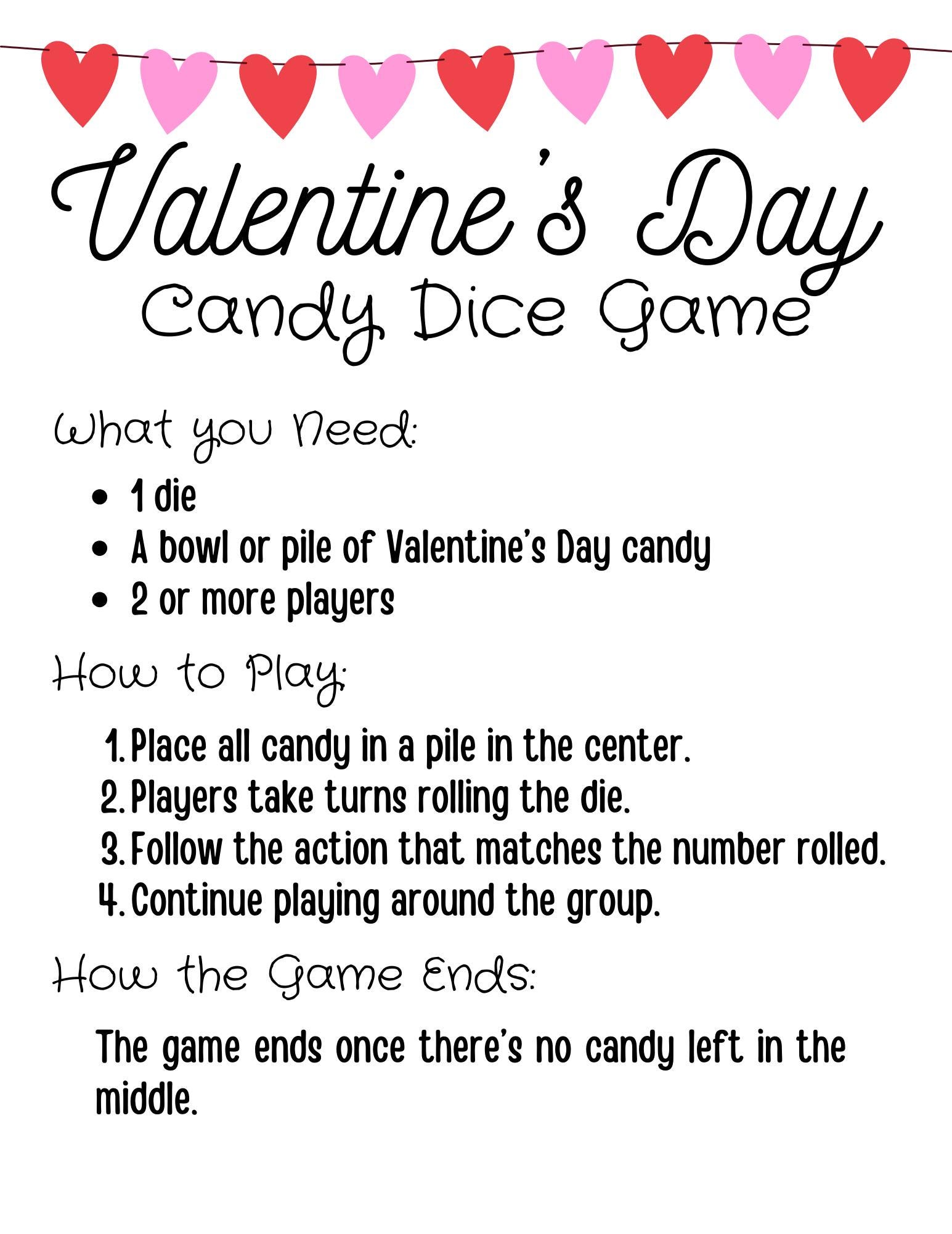 Valentine’s Day Candy Dice Game Printable | Fun Valentine Dice Game ...