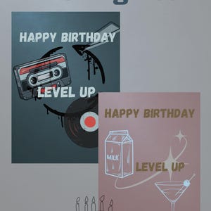 Cartão de aniversário retrô Level Up para ele – Cartão de aniversário legal para impressão – Estilo vintage tecnológico – Cartão de aniversário ousado para homens – Download instantâneo