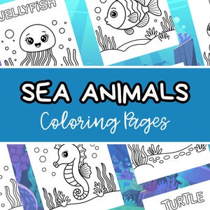 Puede incluir: Cuatro páginas para colorear en blanco y negro con animales marinos. Las páginas incluyen una medusa, un pez, un caballito de mar y una tortuga. El título "SEA ANIMALS Coloring Pages" está en la parte superior de la imagen.