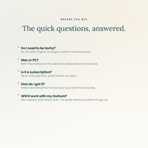 Może przedstawiać: Grafika informacyjna z tytułem BEFORE YOU BUY The quick questions, answered. Zawiera pięć często zadawanych pytań dotyczących wymagań technicznych, kompatybilności z Mac lub PC, subskrypcji, metody dostawy oraz integracji z programem Outlook.