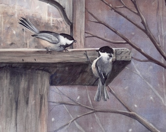 3 sizes- Watercolor Print of Chickadees, from a painting by Laura Poss- 5x7, 6.5x10, and 9x14