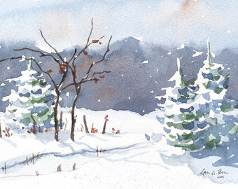 Original Watercolor Painting of a Winter Landscape with a Cardinal Bird, Trees, and Mountains by Laura D. Poss