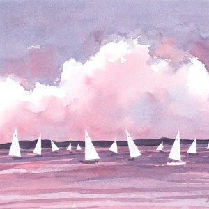 Original Watercolor Painting of Sailboats Under a Big, Pink, Cloudy Sky by Laura Poss // sailing painting image 1