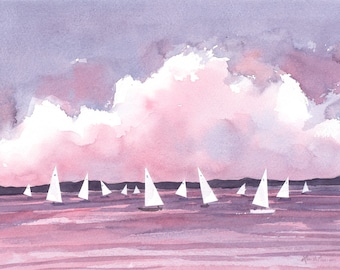 Original Watercolor Painting of Sailboats Under a Big, Pink, Cloudy Sky by Laura Poss // sailing painting