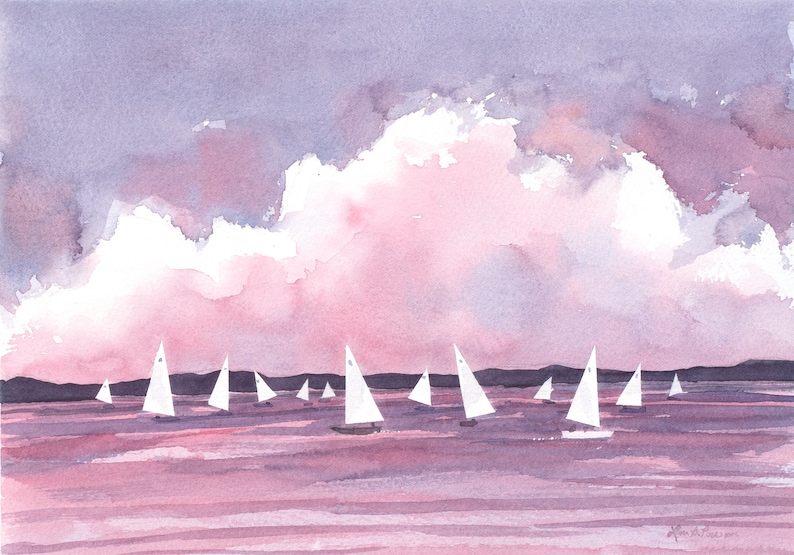 Original Watercolor Painting of Sailboats Under a Big, Pink, Cloudy Sky by Laura Poss // sailing painting zdjęcie 1