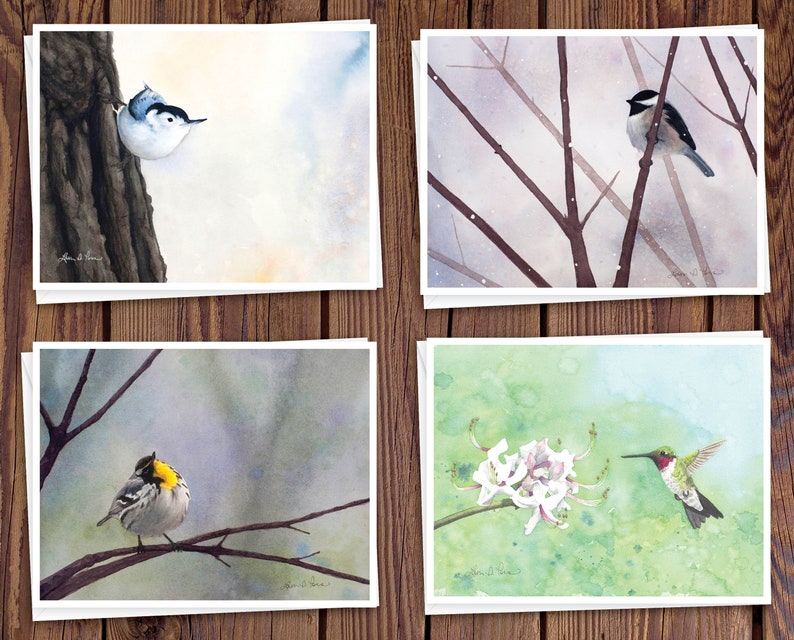 8 Watercolor Note Cards with Envelopes, Four Assorted Bird Watercolor Paintings by Laura D. Poss, Blank Inside // Handmade Cards image 1