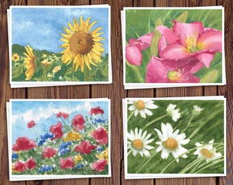 8 Watercolor Note Cards with Envelopes, Featuring Four Assorted Floral Watercolor Paintings by Laura Poss, Blank Inside // handmade cards