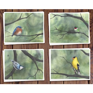 8 Watercolor Note Cards | Handmade Cards with Assorted Spring and Summer Bird scenes, blank on the inside