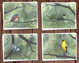 8 Watercolor Note Cards | Handmade Cards with Assorted Spring and Summer Bird scenes, blank on the inside