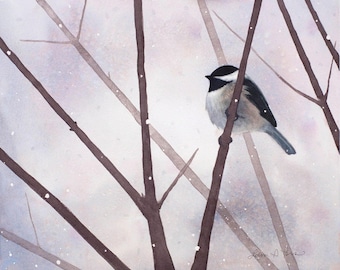 Chickadee Watercolor Print | Nature Art Print | Winter Bird Decor | Laura Poss Art