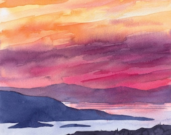 Original Sunset Watercolor Painting | Mountain & Island Landscape | 8.5x8.5 Square Art | Laura Poss Art