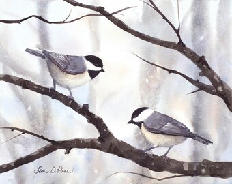 Carolina Chickadee Pair Watercolor Print | Winter Bird Art | Backyard Bird Art | Laura Poss Art