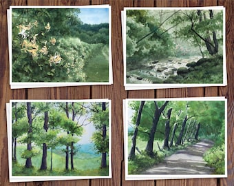 8 Watercolor Note Cards | Handmade Cards with Assorted Summer Landscape scenes, blank on the inside