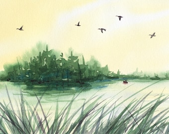 Original Watercolor Painting of a Lake with a Fisherman Fishing from a Canoe by Laura Poss // sunset or sunrise, canoer, boat, geese