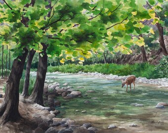 Original Watercolor Painting, "Life in Zion", by Laura Poss // Mule Deer and Lizard: Zion National Park Art